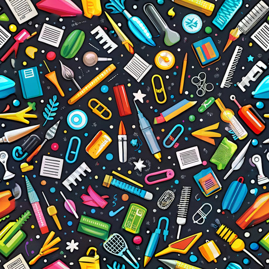 back to school, school supplies, scattered pattern, black background, bright colors, rainbow colors, pens, pencils, rulers, scissors, paper clips, notebooks, erasers, paintbrushes, geometric shapes, educational theme, cotton fabric, quilting panel, craft supplies, stationery items, colorful illustration, seamless repeat
