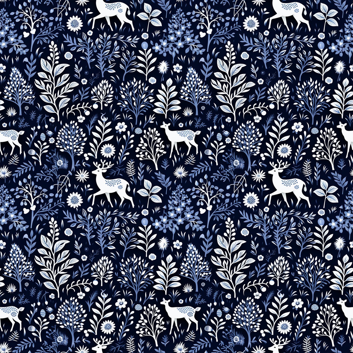 delft blue, navy background, white deer, floral motifs, botanical pattern, winter woodland, silhouette animals, folk art style, quilting cotton, fabric panel, seamless repeat, nature design, decorative florals, stag silhouettes, blue and white, cotton fabric, winter theme, woodland creatures, intricate details