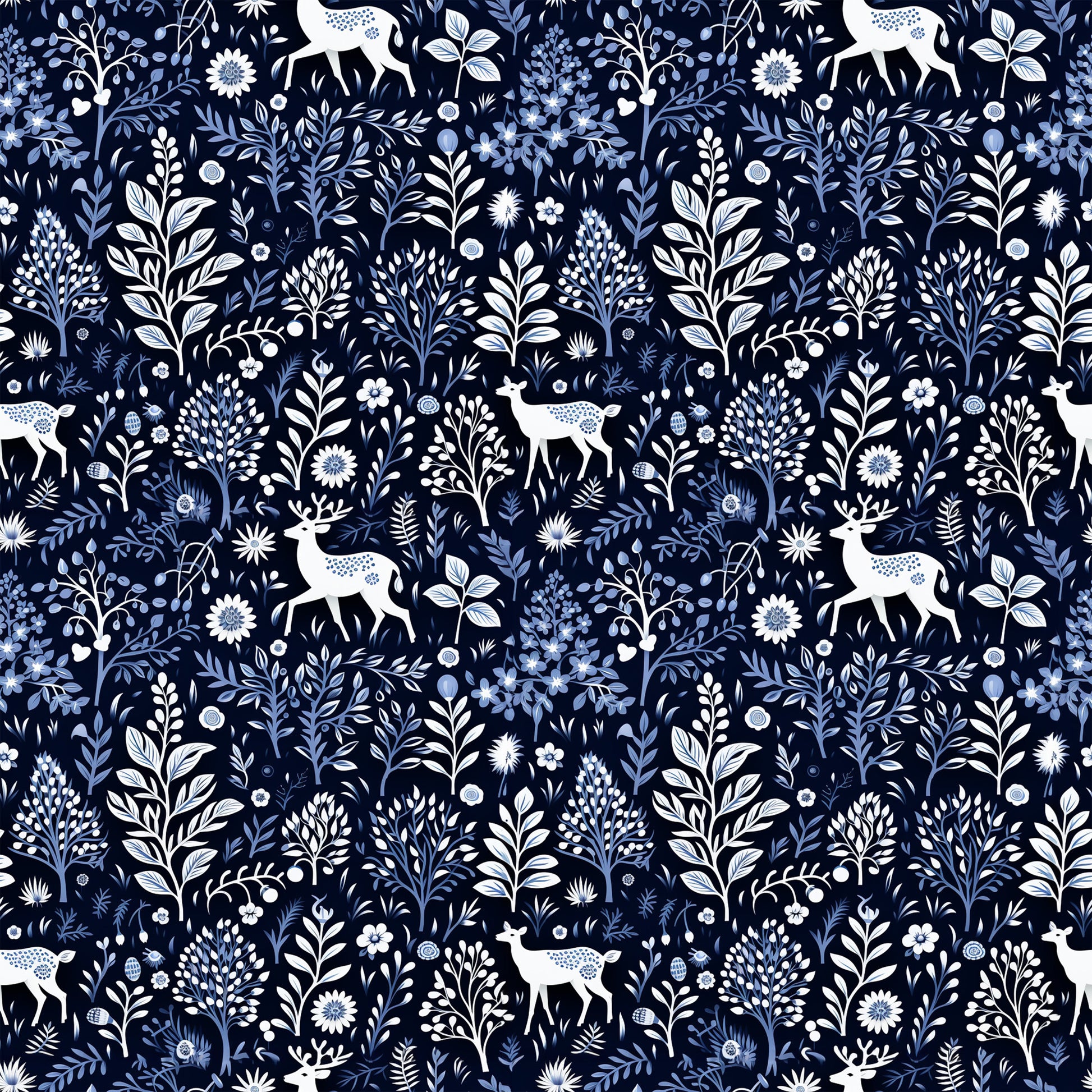 delft blue, navy background, white deer, floral motifs, botanical pattern, winter woodland, silhouette animals, folk art style, quilting cotton, fabric panel, seamless repeat, nature design, decorative florals, stag silhouettes, blue and white, cotton fabric, winter theme, woodland creatures, intricate details