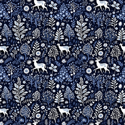 delft blue, navy background, white deer, floral motifs, botanical pattern, winter woodland, silhouette animals, folk art style, quilting cotton, fabric panel, seamless repeat, nature design, decorative florals, stag silhouettes, blue and white, cotton fabric, winter theme, woodland creatures, intricate details