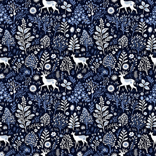 delft blue, navy background, white deer, floral motifs, botanical pattern, winter woodland, silhouette animals, folk art style, quilting cotton, fabric panel, seamless repeat, nature design, decorative florals, stag silhouettes, blue and white, cotton fabric, winter theme, woodland creatures, intricate details