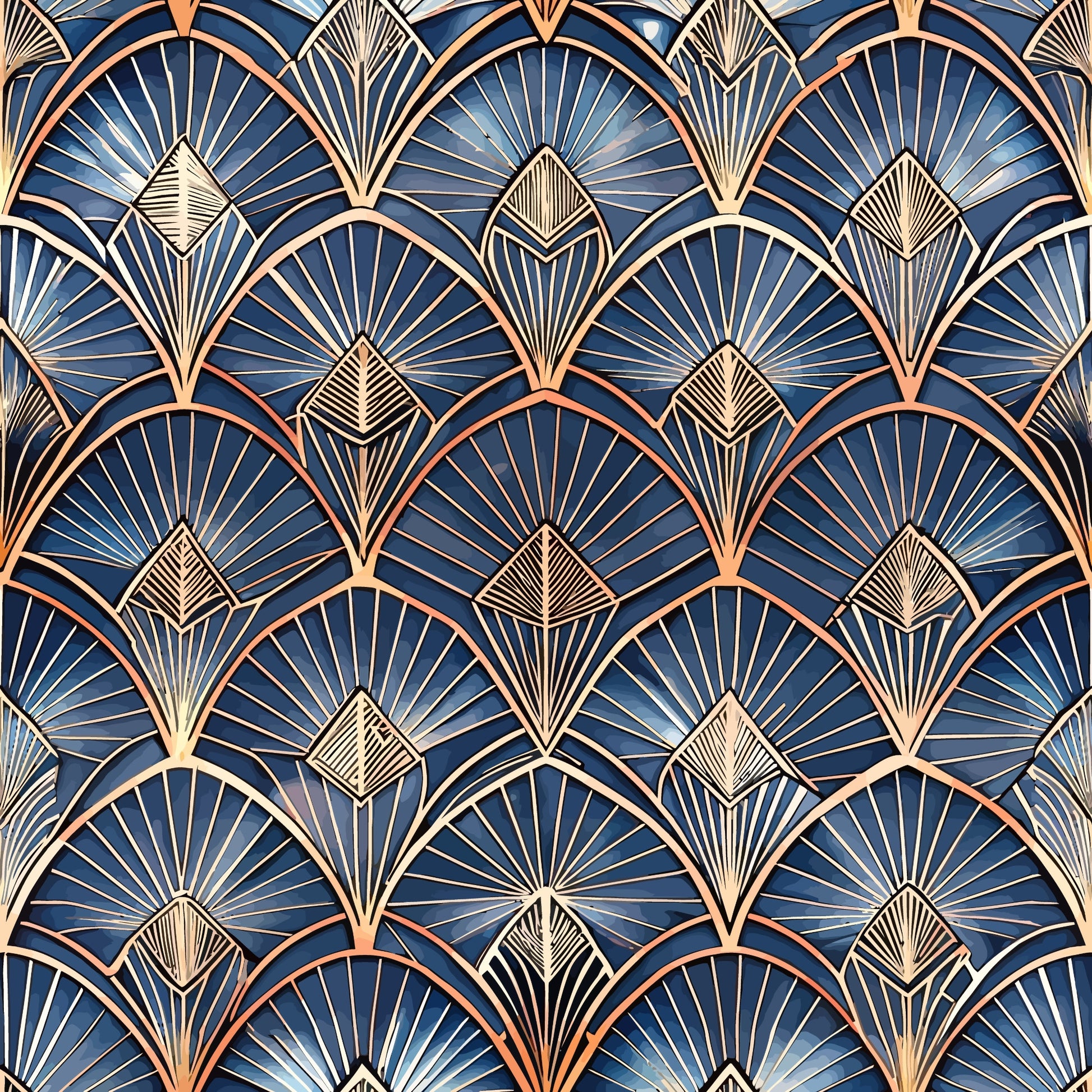 navy blue, copper, gold, fan pattern, geometric design, art deco, radiating lines, scalloped arches, metallic accents, quilting cotton, fabric panel, sunburst motif, overlapping fans, dimensional pattern, luxury design, vintage style, repeating pattern, ornate details, peacock feathers
