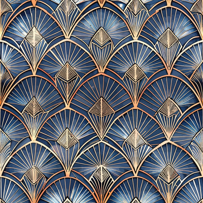 navy blue, copper, gold, fan pattern, geometric design, art deco, radiating lines, scalloped arches, metallic accents, quilting cotton, fabric panel, sunburst motif, overlapping fans, dimensional pattern, luxury design, vintage style, repeating pattern, ornate details, peacock feathers