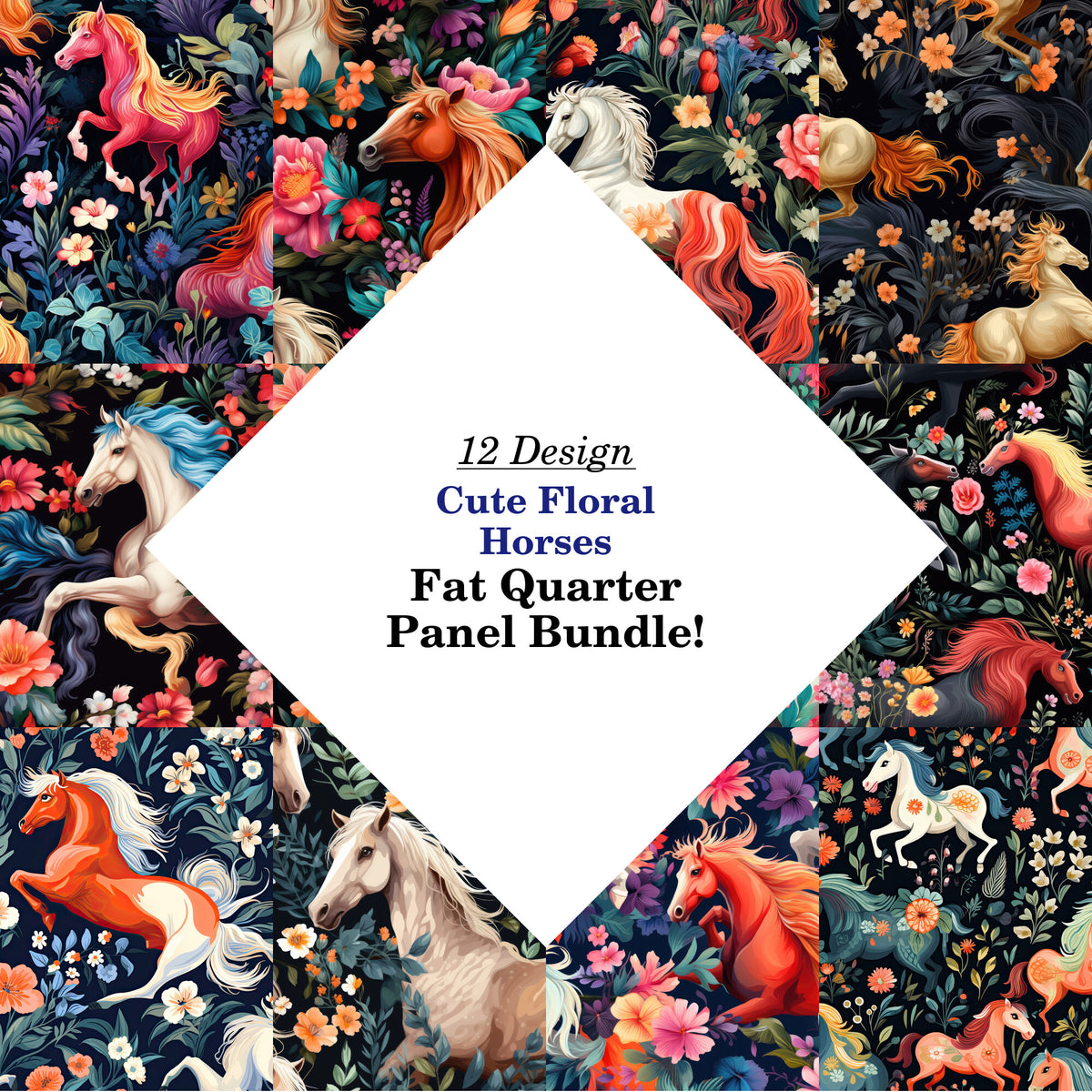 Cute Floral Horses Fat Quarter Bundle
