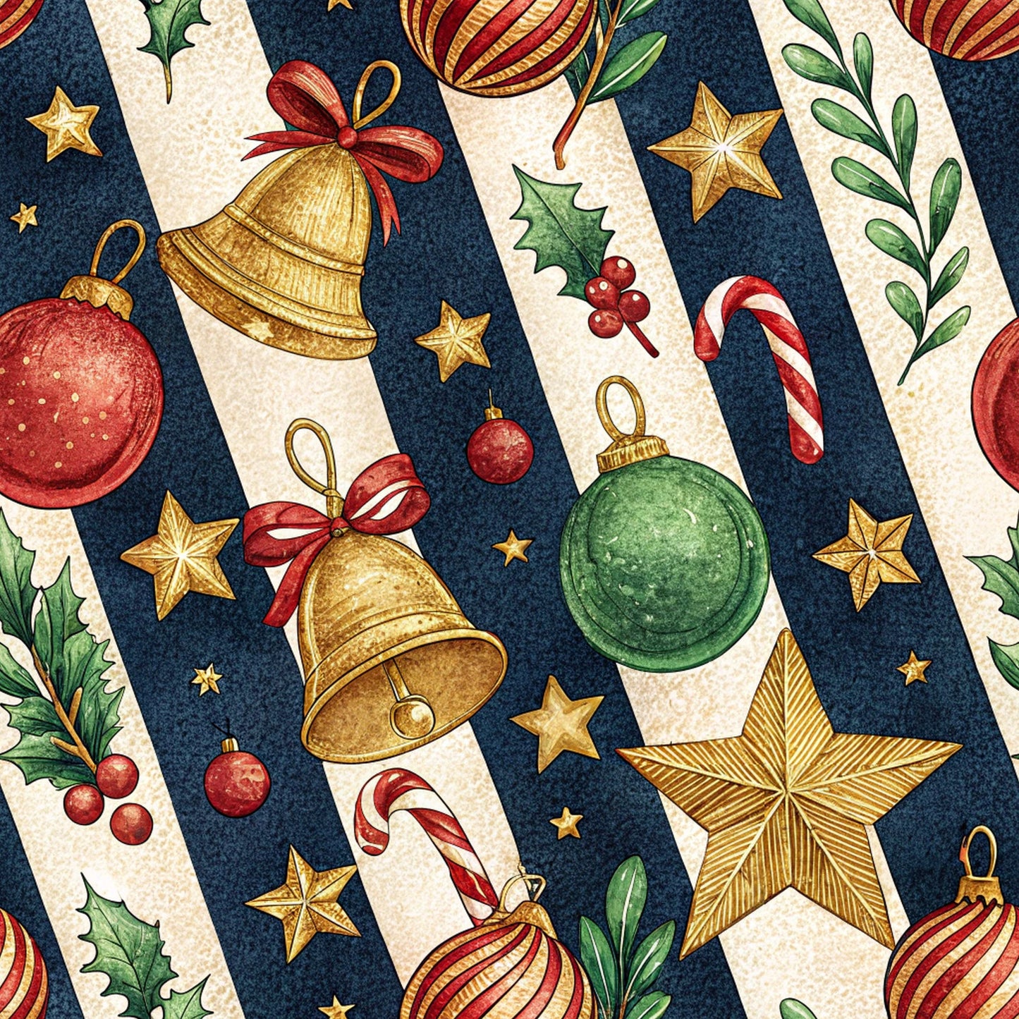 christmas ornaments, holiday bells, candy canes, golden stars, holly berries, green foliage, red ornaments, navy blue background, cream stripes, quilting cotton, fabric panel, festive pattern, winter theme, decorative baubles, striped ornaments, christmas decoration, seasonal motifs, holiday crafting, watercolor style, vintage aesthetic