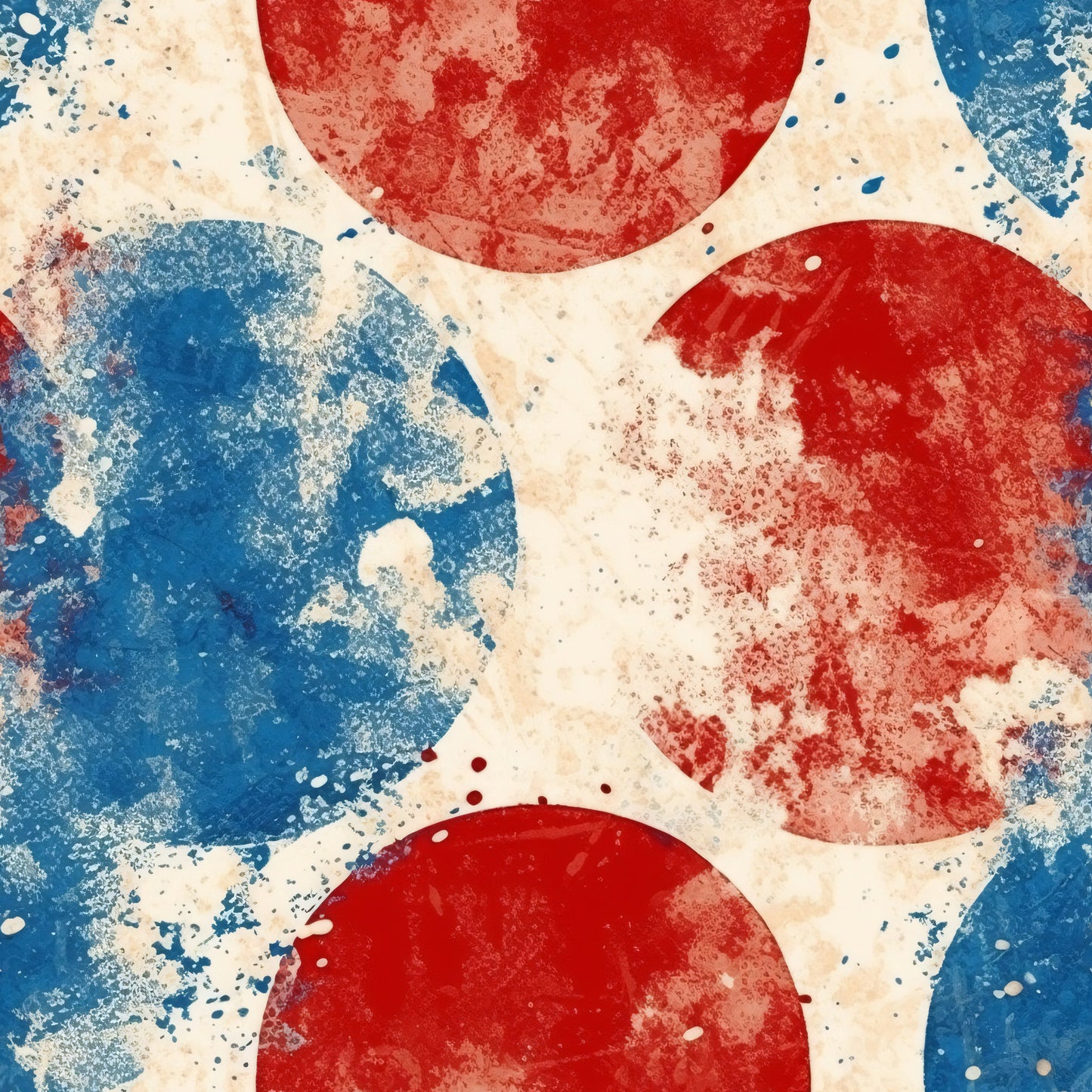 red, white, blue, distressed texture, weathered circles, patriotic colors, vintage finish, geometric circles, abstract pattern, faded appearance, rustic style, quilting cotton, fabric panel, americana theme, worn effect, textured surface, circular motifs, grunge finish, crafting material