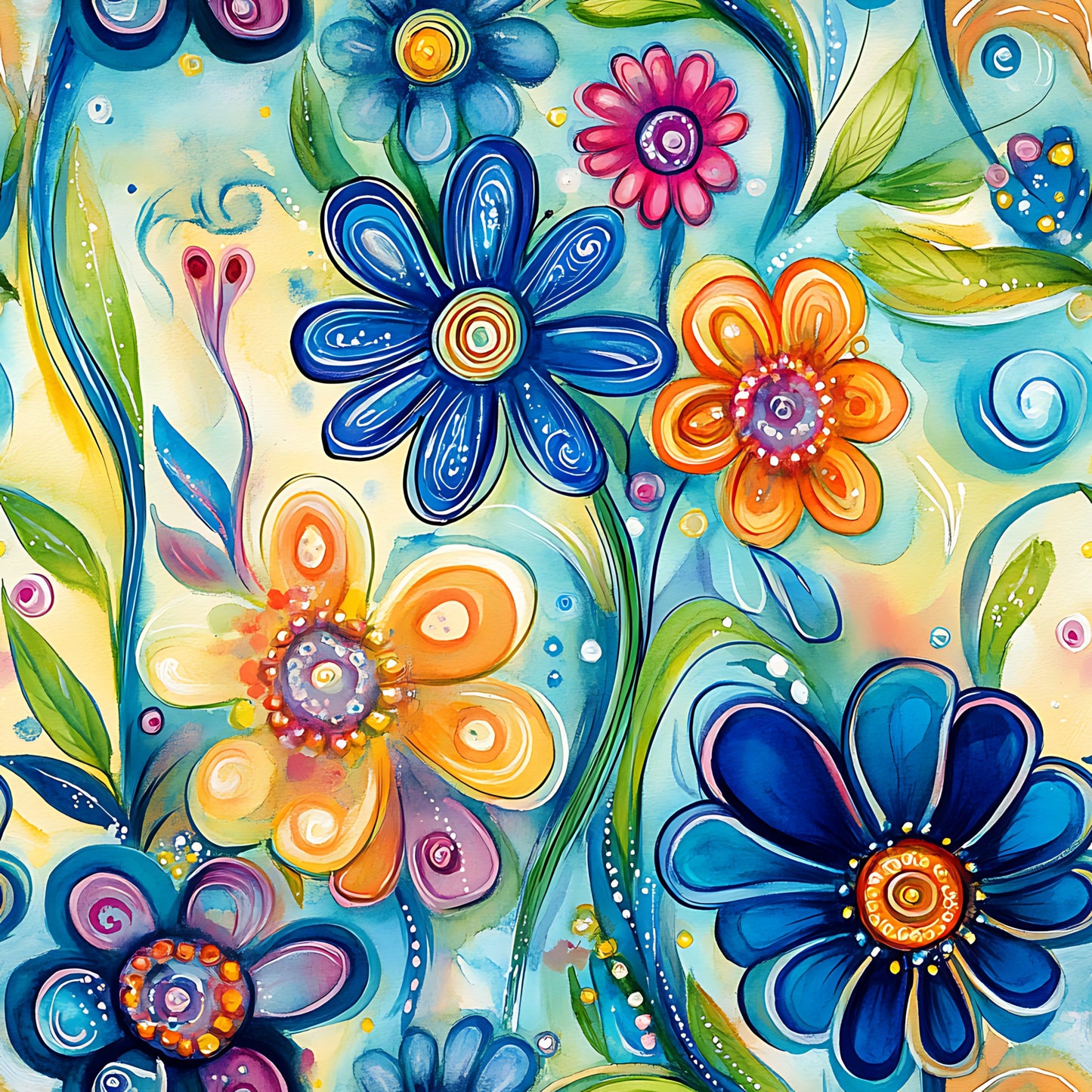 vibrant blue, orange blooms, turquoise background, abstract flowers, swirling patterns, watercolor style, decorative petals, green leaves, purple accents, pink florals, artistic design, whimsical mood, quilting cotton, fabric panel, contemporary art, flowing stems, circular motifs, botanical pattern, bright colors, modern floral