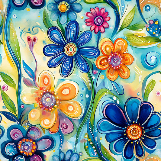 vibrant blue, orange blooms, turquoise background, abstract flowers, swirling patterns, watercolor style, decorative petals, green leaves, purple accents, pink florals, artistic design, whimsical mood, quilting cotton, fabric panel, contemporary art, flowing stems, circular motifs, botanical pattern, bright colors, modern floral