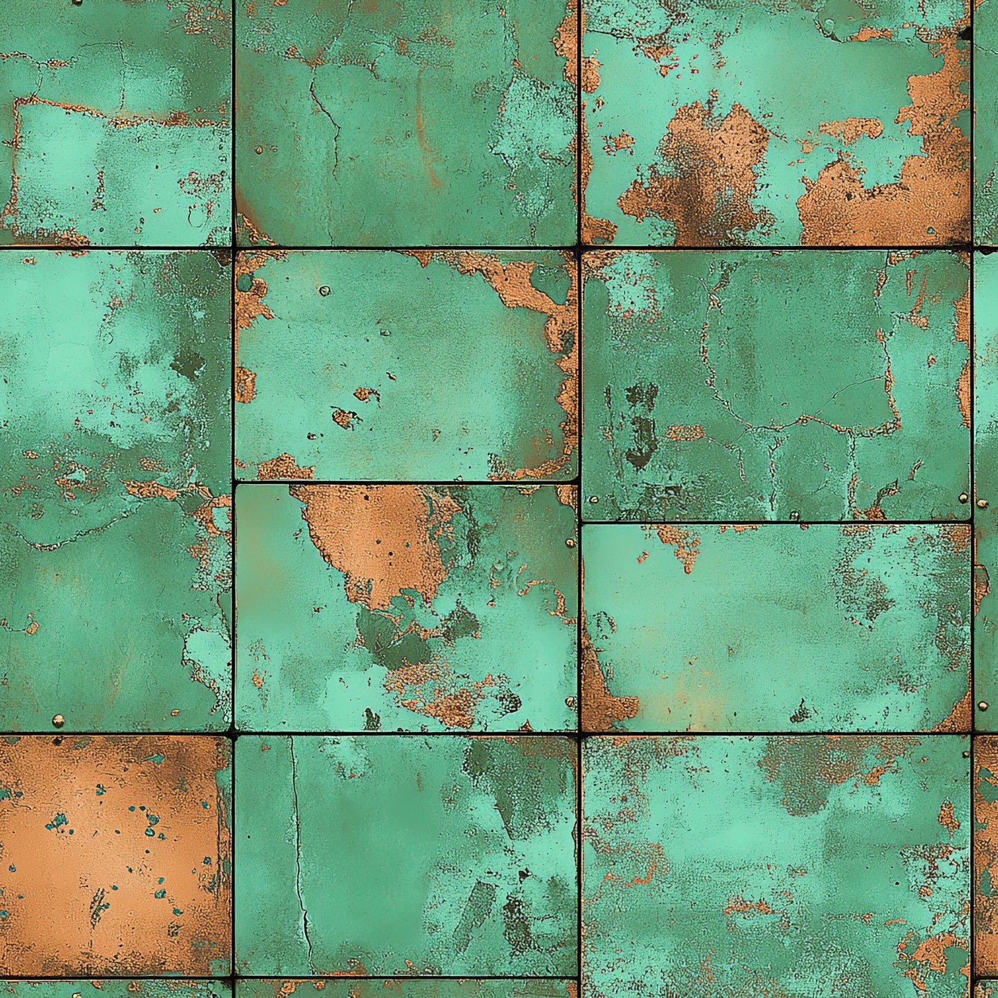 turquoise, copper, rust, patina, weathered metal, oxidized surface, vintage texture, distressed panels, aged copper, verdigris, rustic squares, corroded metal, antique finish, quilting cotton, fabric panel, industrial texture, metallic effect, tarnished surface, geometric blocks