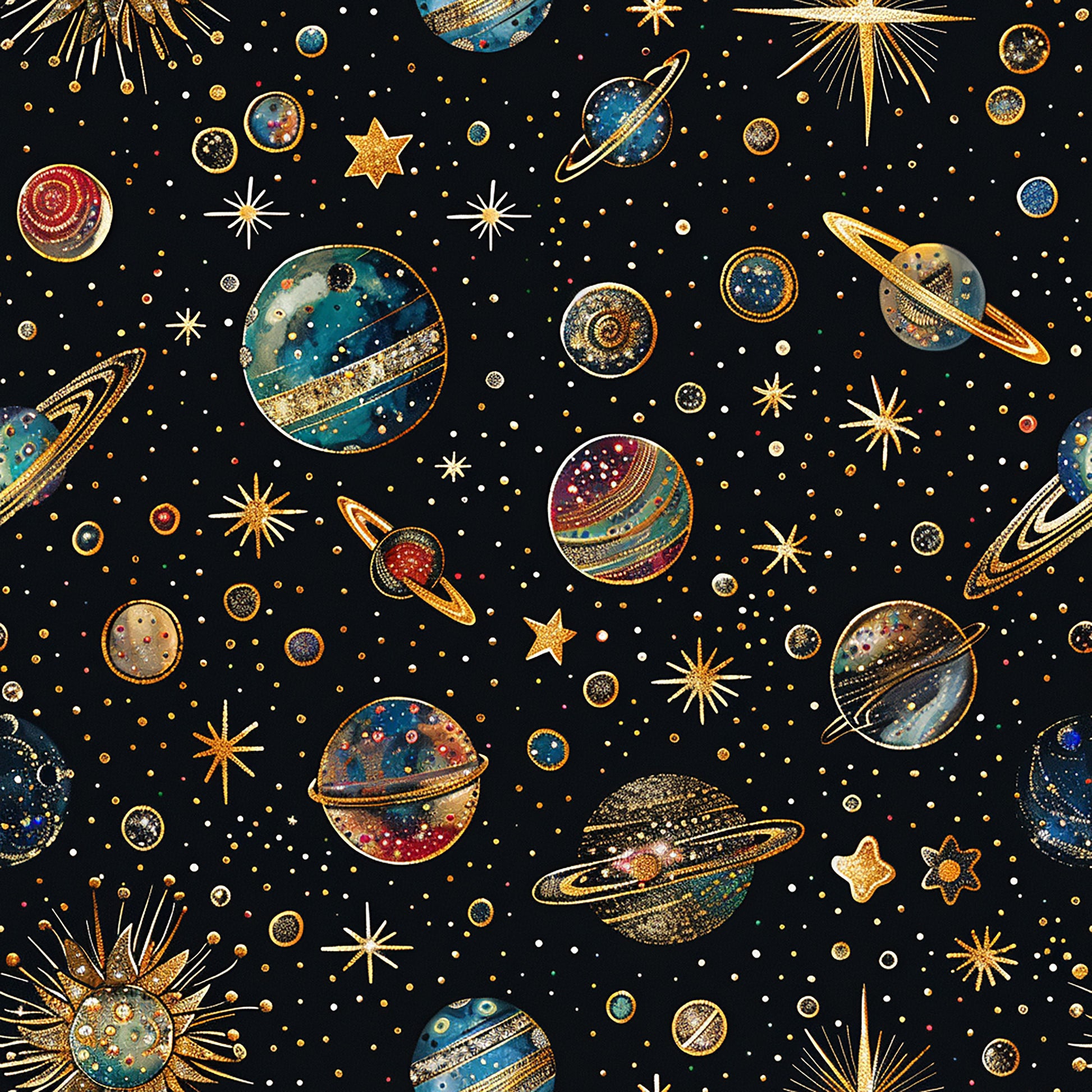 black background, gold accents, navy blue, teal, burgundy, cosmic pattern, planets, stars, celestial bodies, rings, starbursts, space theme, astronomy, galaxy, quilting cotton, fabric panel, scattered design, metallic details, night sky, universe motif