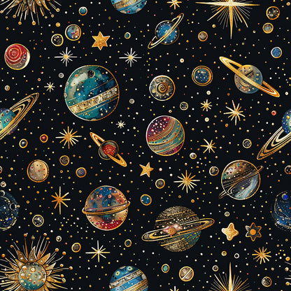 black background, gold accents, navy blue, teal, burgundy, cosmic pattern, planets, stars, celestial bodies, rings, starbursts, space theme, astronomy, galaxy, quilting cotton, fabric panel, scattered design, metallic details, night sky, universe motif