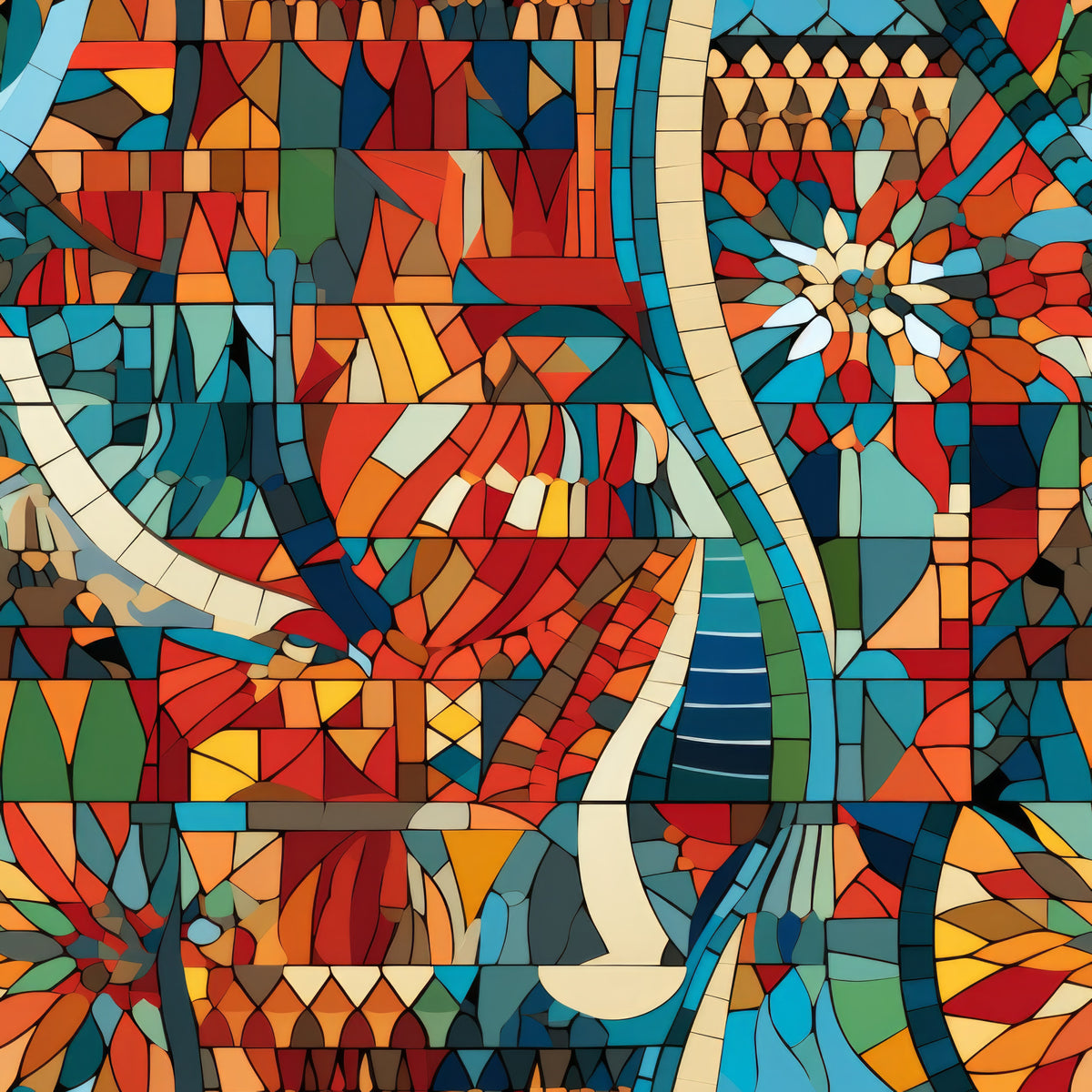 mosaic art, stained glass, geometric pattern, abstract design, vibrant colors, red, orange, blue, turquoise, yellow, green, colorful fragments, angular shapes, kaleidoscope effect, contemporary art, quilting cotton, fabric panel, modern aesthetic, artistic motif, multicolored