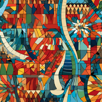 mosaic art, stained glass, geometric pattern, abstract design, vibrant colors, red, orange, blue, turquoise, yellow, green, colorful fragments, angular shapes, kaleidoscope effect, contemporary art, quilting cotton, fabric panel, modern aesthetic, artistic motif, multicolored