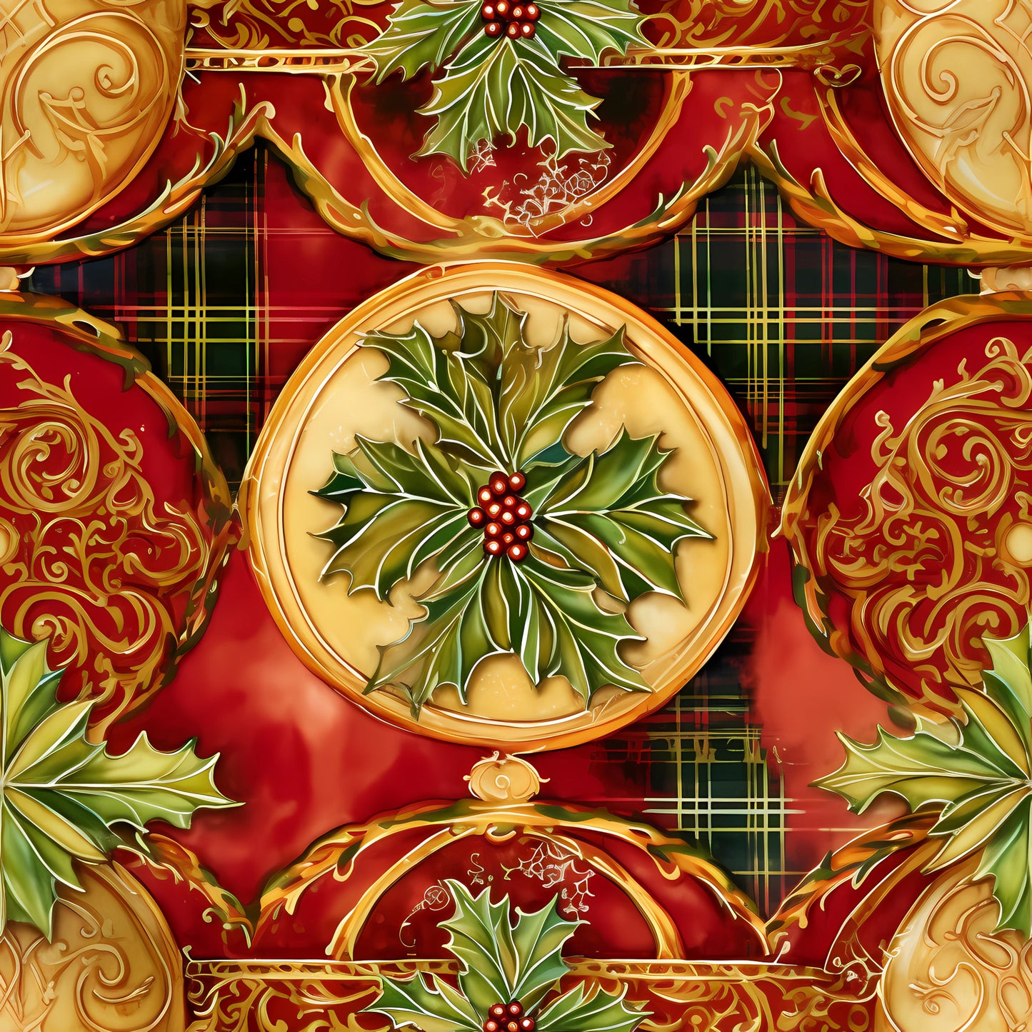 red, green, gold, christmas, holly leaves, berries, ornate scrollwork, baroque flourishes, plaid background, tartan, quilting cotton, fabric panel, holiday motif, decorative medallions, winter foliage, festive colors, ornamental design, seasonal fabric, circular motifs, elegant swirls