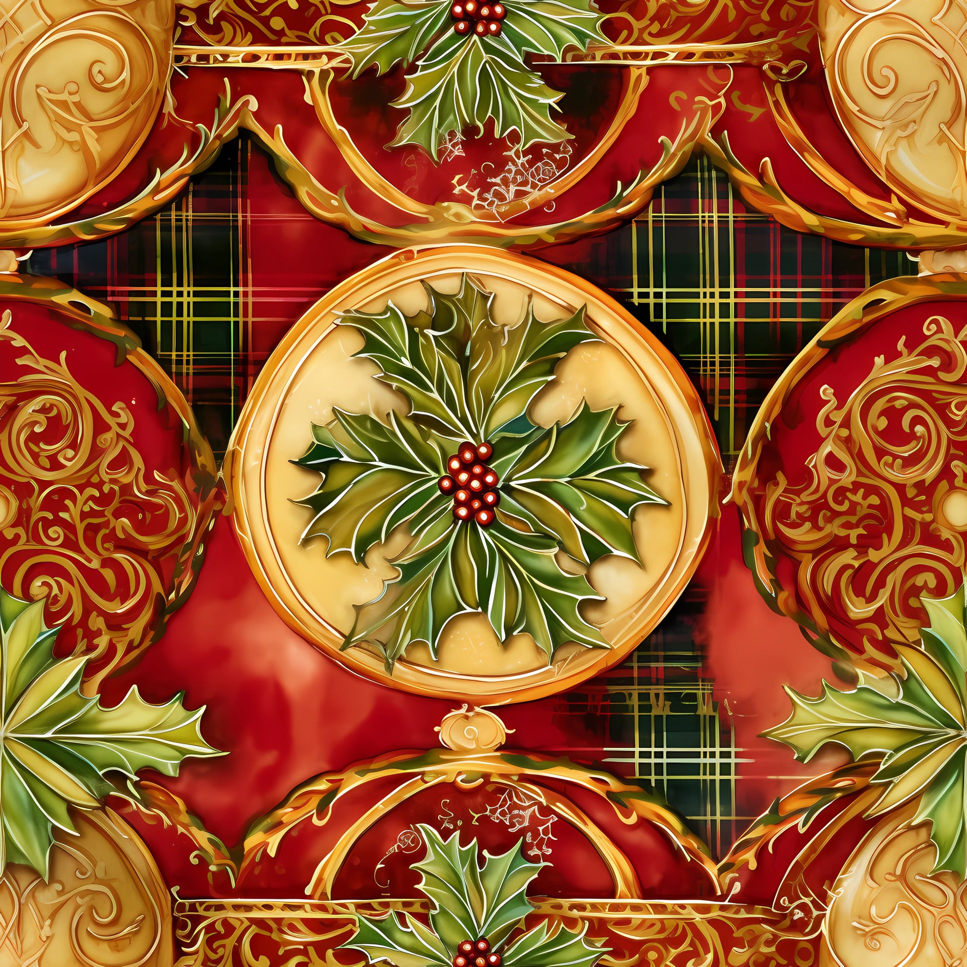 red, green, gold, christmas, holly leaves, berries, ornate scrollwork, baroque flourishes, plaid background, tartan, quilting cotton, fabric panel, holiday motif, decorative medallions, winter foliage, festive colors, ornamental design, seasonal fabric, circular motifs, elegant swirls