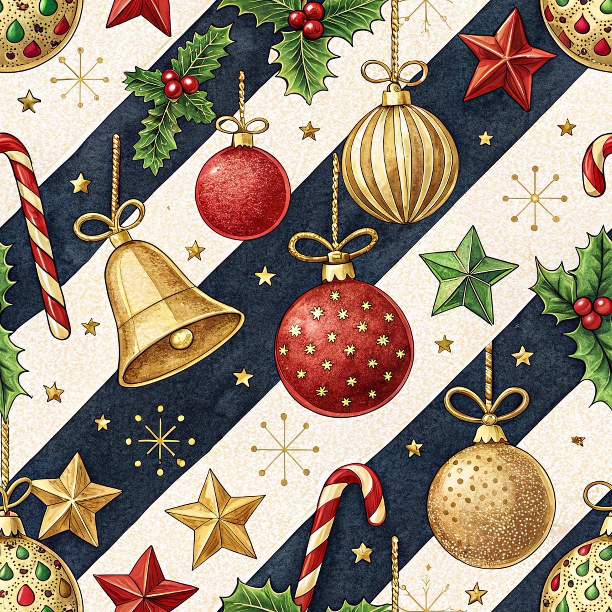 christmas ornaments, red baubles, gold ornaments, navy blue stripes, cream background, holly leaves, red berries, candy canes, golden bells, christmas stars, festive pattern, holiday motifs, quilting cotton, fabric panel, seasonal design, winter theme, decorative ornaments, green holly, striped layout, christmas crafting