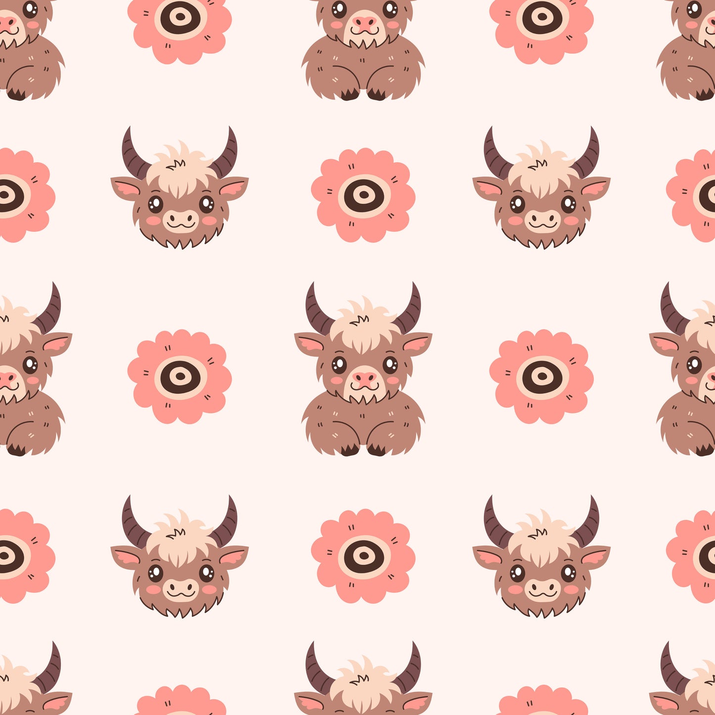 cute baby highland cows, kawaii style, brown cows, pink flowers, cream background, pastel colors, cartoon animals, adorable faces, horned cattle, repeating pattern, quilting cotton, fabric panel, nursery theme, farm animals, soft colors, whimsical design, child-friendly, seamless repeat, bovine characters