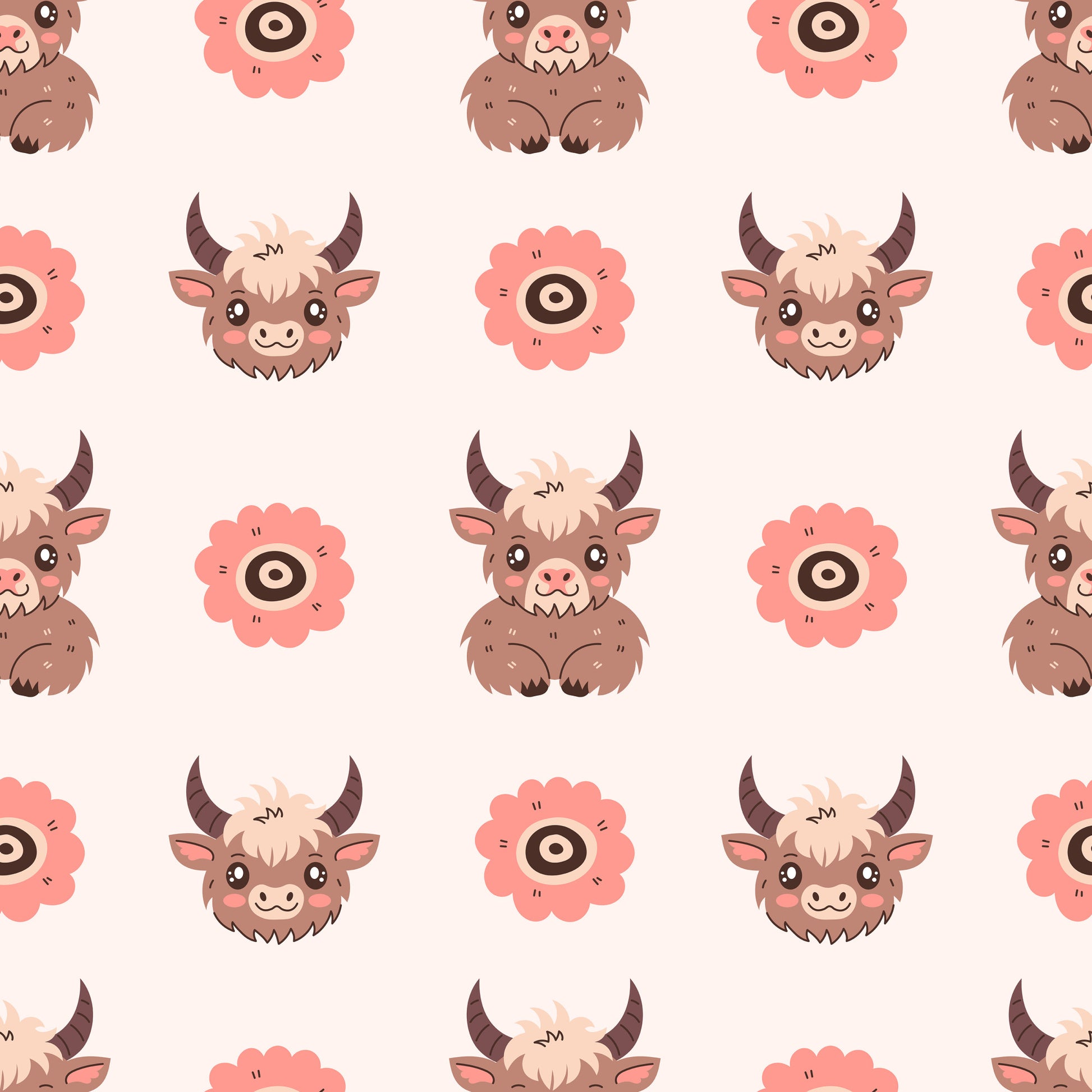 cute baby highland cows, kawaii style, brown cows, pink flowers, cream background, pastel colors, cartoon animals, adorable faces, horned cattle, repeating pattern, quilting cotton, fabric panel, nursery theme, farm animals, soft colors, whimsical design, child-friendly, seamless repeat, bovine characters