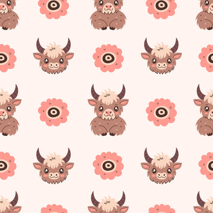cute baby highland cows, kawaii style, brown cows, pink flowers, cream background, pastel colors, cartoon animals, adorable faces, horned cattle, repeating pattern, quilting cotton, fabric panel, nursery theme, farm animals, soft colors, whimsical design, child-friendly, seamless repeat, bovine characters