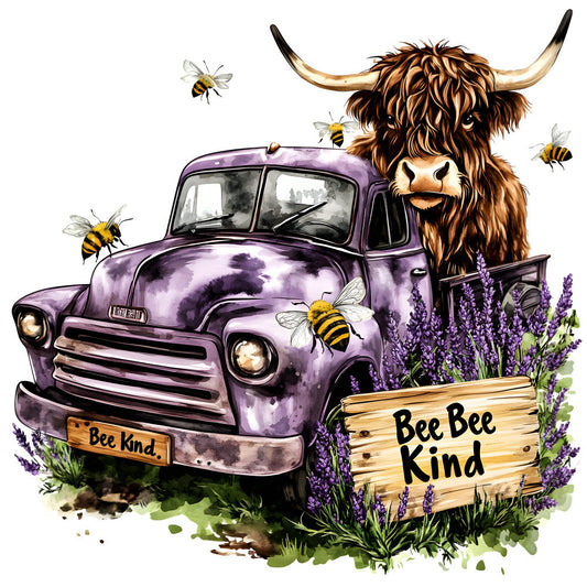 Highland Cows in Vintage Trucks Fabric Panel 2