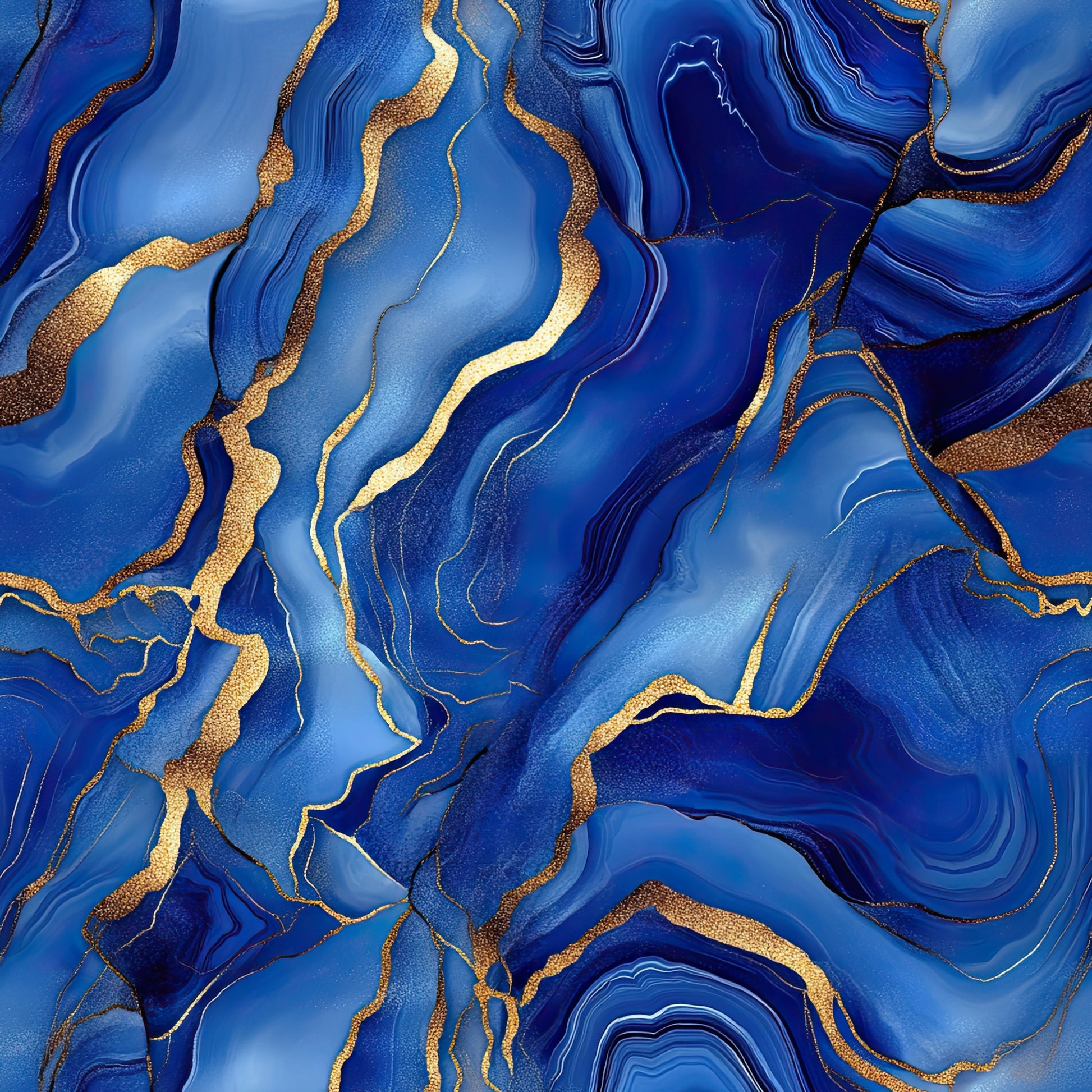royal blue, gold, navy blue, cobalt blue, agate pattern, marble effect, flowing lines, swirled design, geode inspired, metallic accents, abstract pattern, fluid motion, quilting cotton, fabric panel, luxurious, organic shapes, mineral pattern, wavy lines, sophisticated, jewel tones