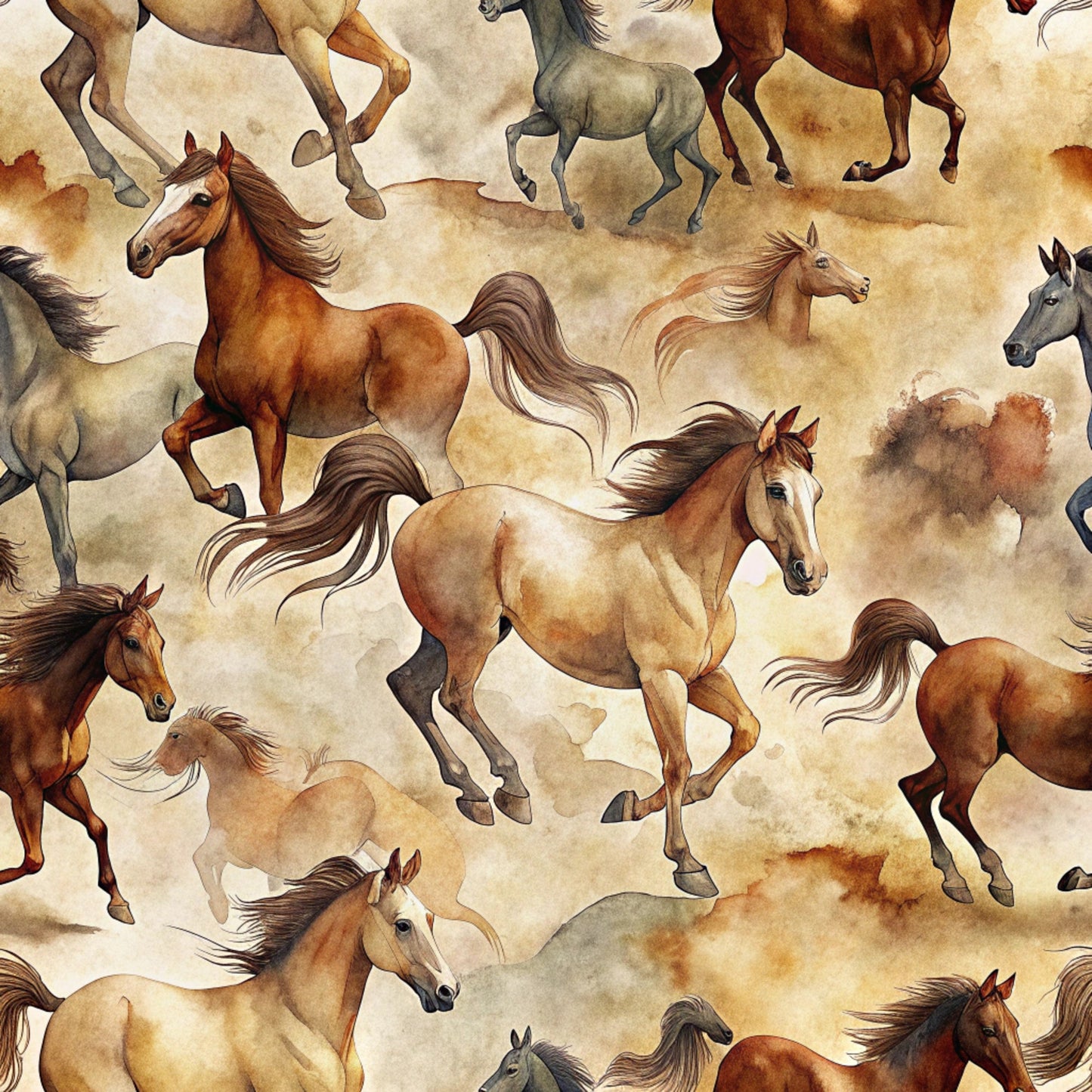 wild horses, galloping horses, brown horses, chestnut horses, gray horses, cream background, beige tones, earth tones, watercolor style, flowing manes, running horses, equestrian theme, western motif, realistic horses, seamless pattern, quilting cotton, fabric panel, natural colors, rustic feel, horse silhouettes