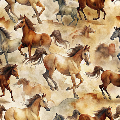 wild horses, galloping horses, brown horses, chestnut horses, gray horses, cream background, beige tones, earth tones, watercolor style, flowing manes, running horses, equestrian theme, western motif, realistic horses, seamless pattern, quilting cotton, fabric panel, natural colors, rustic feel, horse silhouettes