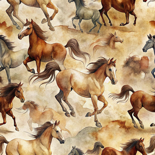 wild horses, galloping horses, brown horses, chestnut horses, gray horses, cream background, beige tones, earth tones, watercolor style, flowing manes, running horses, equestrian theme, western motif, realistic horses, seamless pattern, quilting cotton, fabric panel, natural colors, rustic feel, horse silhouettes
