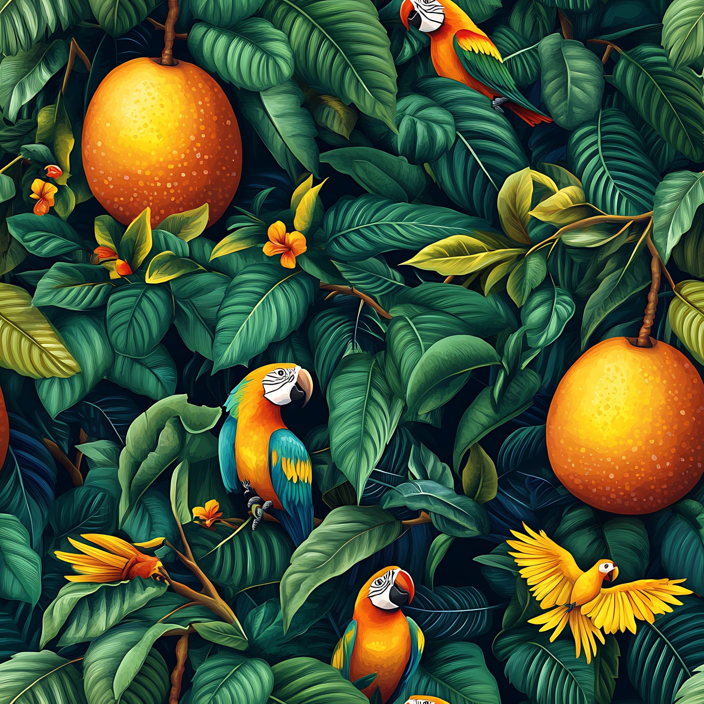 tropical pattern, parrots, macaws, orange mangoes, lush foliage, green leaves, vibrant orange, teal blue, yellow accents, jungle scene, exotic birds, tropical fruits, quilting cotton, fabric panel, botanical design, rainforest theme, colorful wildlife, nature motif, tropical paradise, seamless repeat