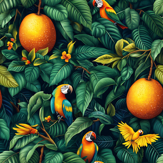 tropical pattern, parrots, macaws, orange mangoes, lush foliage, green leaves, vibrant orange, teal blue, yellow accents, jungle scene, exotic birds, tropical fruits, quilting cotton, fabric panel, botanical design, rainforest theme, colorful wildlife, nature motif, tropical paradise, seamless repeat