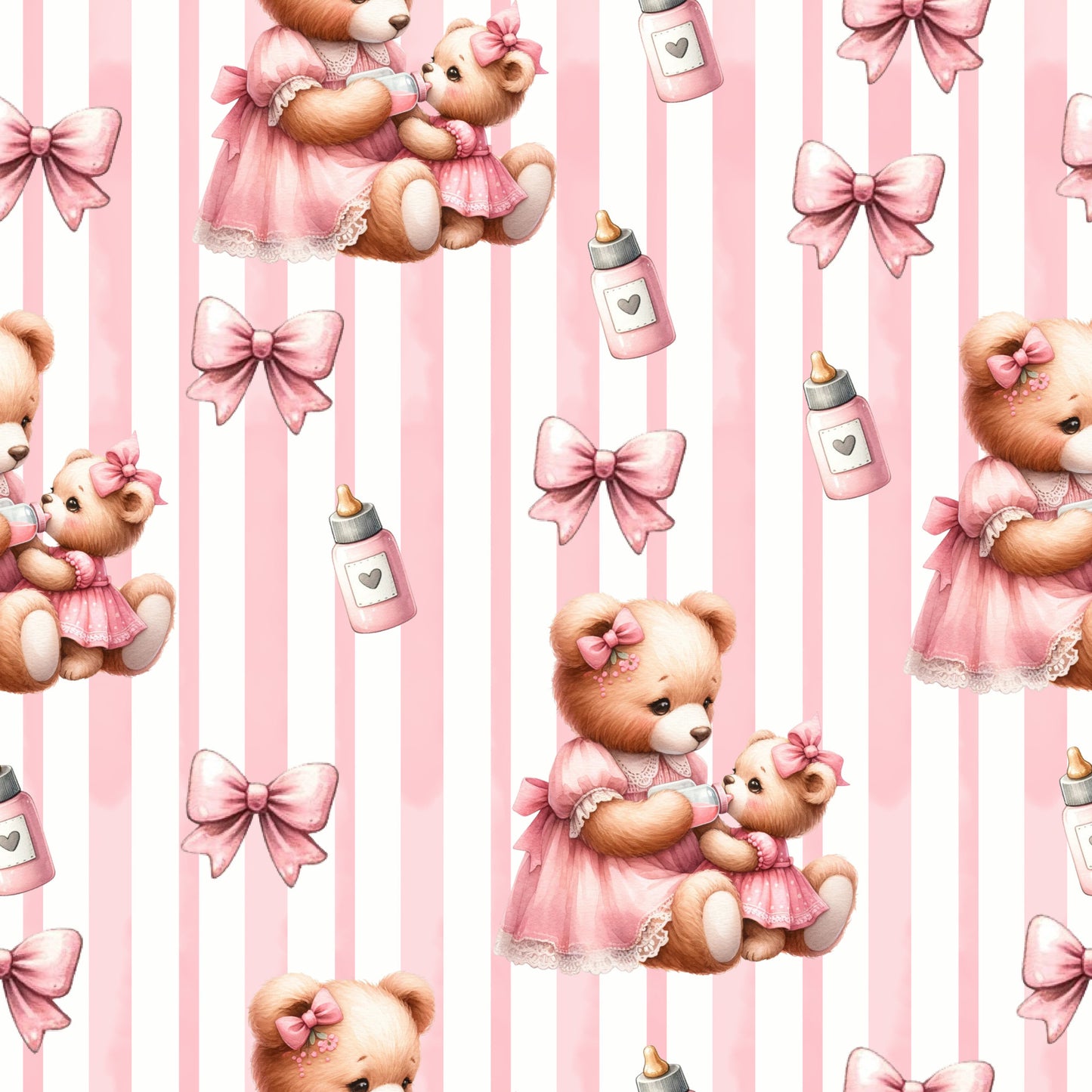 pink, white, teddy bears, baby bottles, bows, striped background, nursery theme, cute animals, pastel colors, quilting cotton, fabric panel, baby girl, soft pink, repeating pattern, children's fabric, kawaii style, baby shower, infant theme, maternal, adorable bears