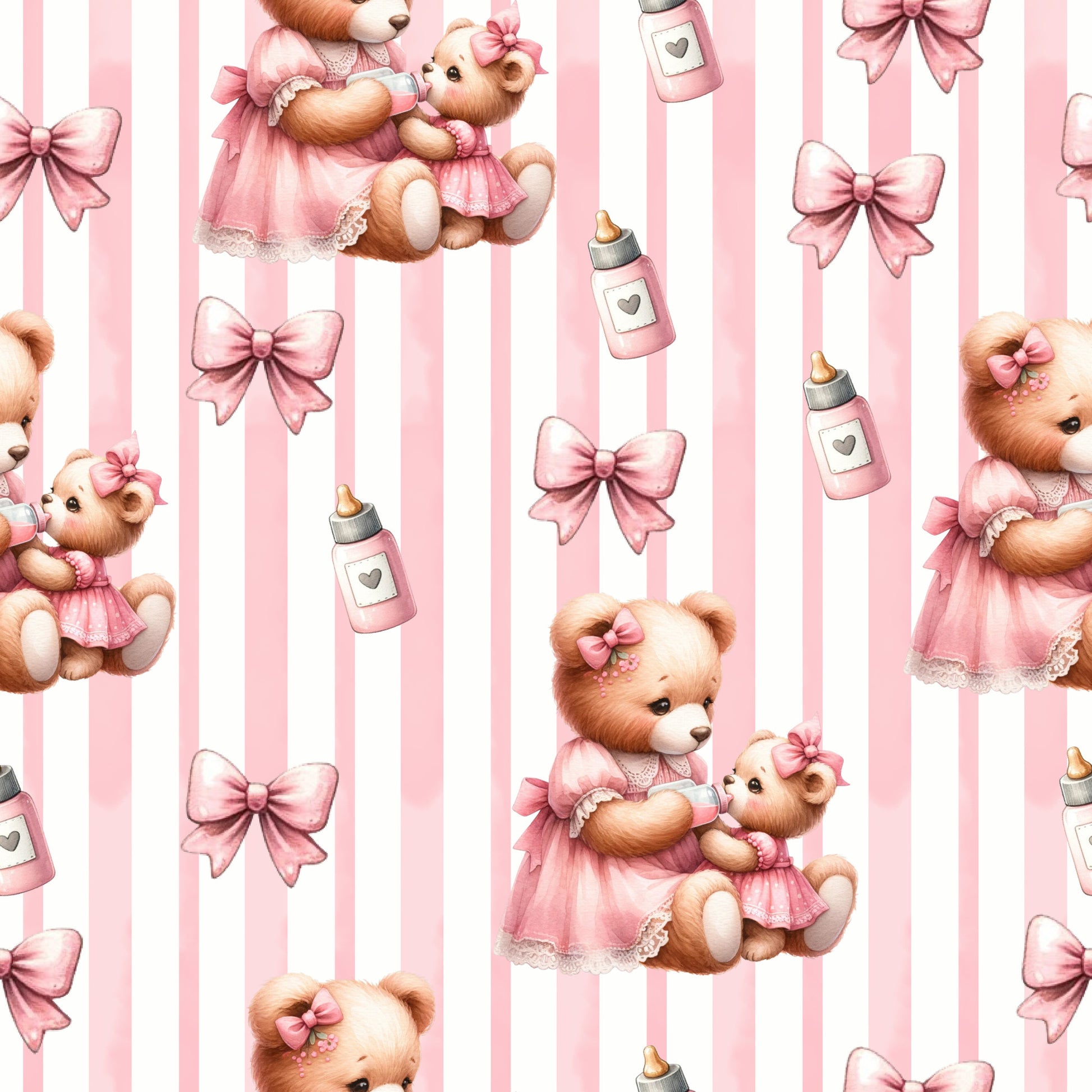 pink, white, teddy bears, baby bottles, bows, striped background, nursery theme, cute animals, pastel colors, quilting cotton, fabric panel, baby girl, soft pink, repeating pattern, children's fabric, kawaii style, baby shower, infant theme, maternal, adorable bears