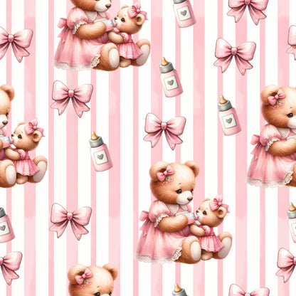 pink, white, teddy bears, baby bottles, bows, striped background, nursery theme, cute animals, pastel colors, quilting cotton, fabric panel, baby girl, soft pink, repeating pattern, children's fabric, kawaii style, baby shower, infant theme, maternal, adorable bears