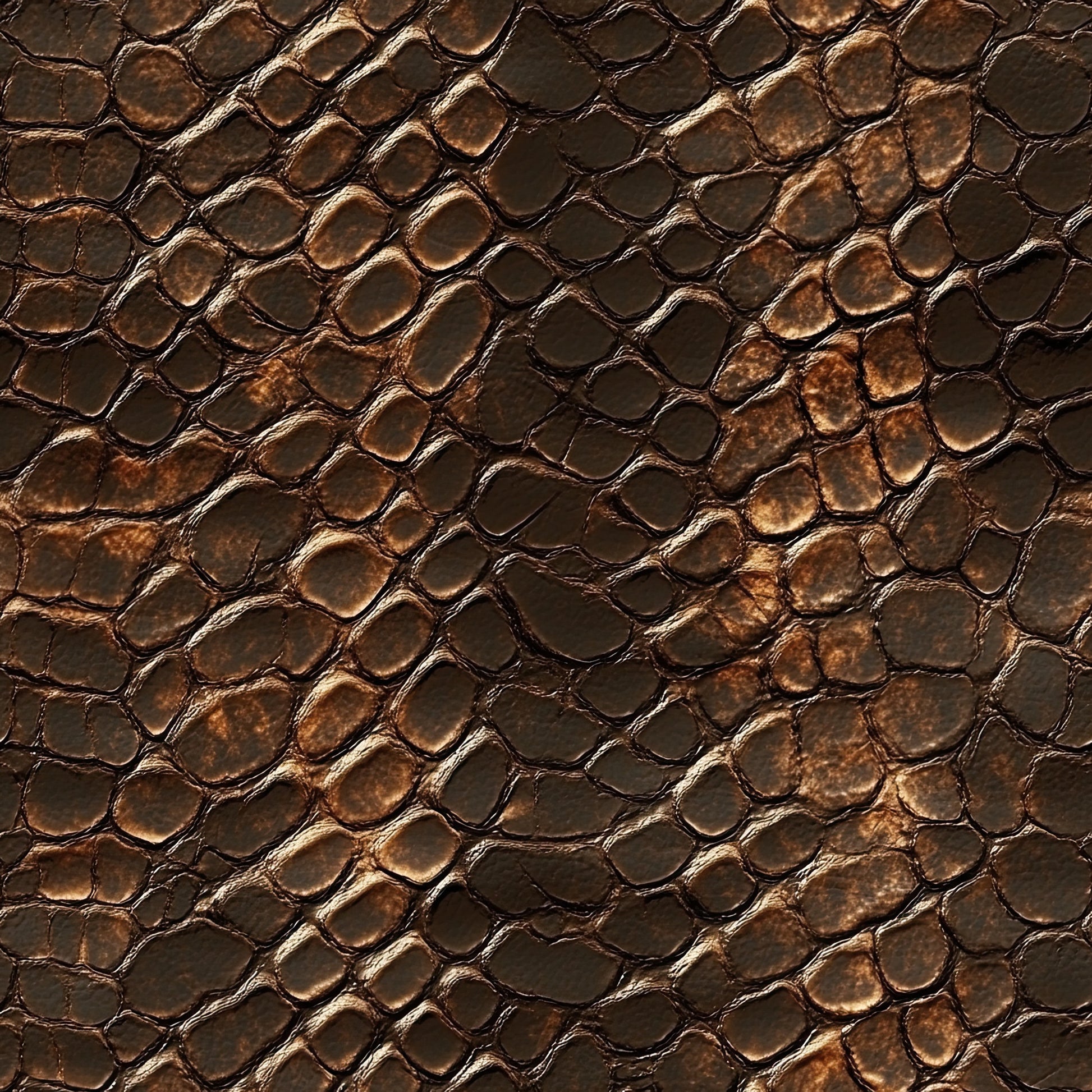 snake skin, reptile scales, brown tones, copper highlights, bronze coloring, earth tones, animal print, textured pattern, natural texture, leather-like appearance, geometric scales, quilting cotton, fabric panel, western theme, rustic pattern, organic shapes, dimensional texture, wilderness motif