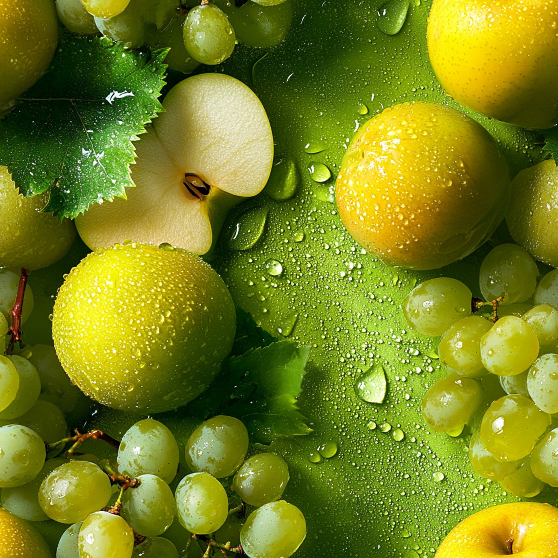 fresh fruits, green grapes, yellow lemons, lime green, apple slices, water droplets, realistic photography, vibrant colors, quilting cotton, fabric panel, citrus fruits, botanical design, food pattern, wet surface, nature inspired, bright yellow, emerald green, fruit medley, kitchen theme, summer harvest