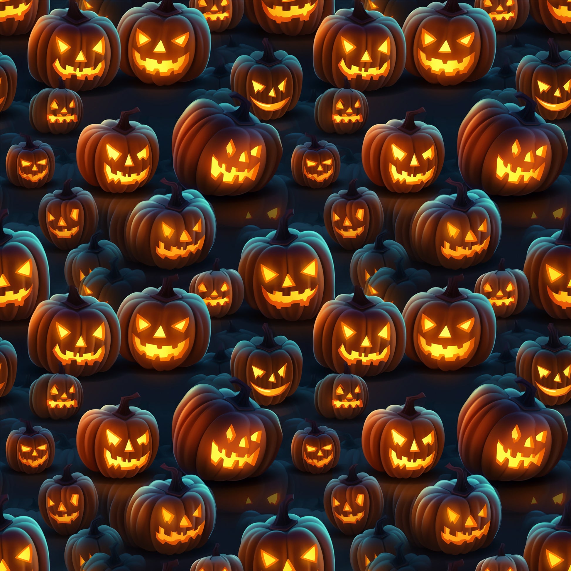 halloween fabric, jack-o'-lanterns, carved pumpkins, orange glow, glowing faces, spooky expressions, dark navy background, orange illumination, yellow light, seamless pattern, quilting cotton, halloween motif, autumn theme, trick or treat, pumpkin patch, eerie atmosphere, seasonal fabric, craft material, sewing panel, halloween decor