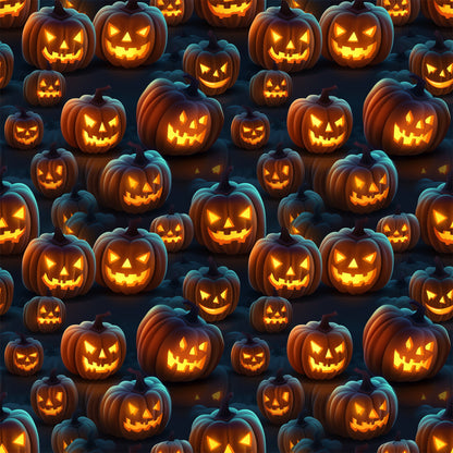 halloween fabric, jack-o'-lanterns, carved pumpkins, orange glow, glowing faces, spooky expressions, dark navy background, orange illumination, yellow light, seamless pattern, quilting cotton, halloween motif, autumn theme, trick or treat, pumpkin patch, eerie atmosphere, seasonal fabric, craft material, sewing panel, halloween decor