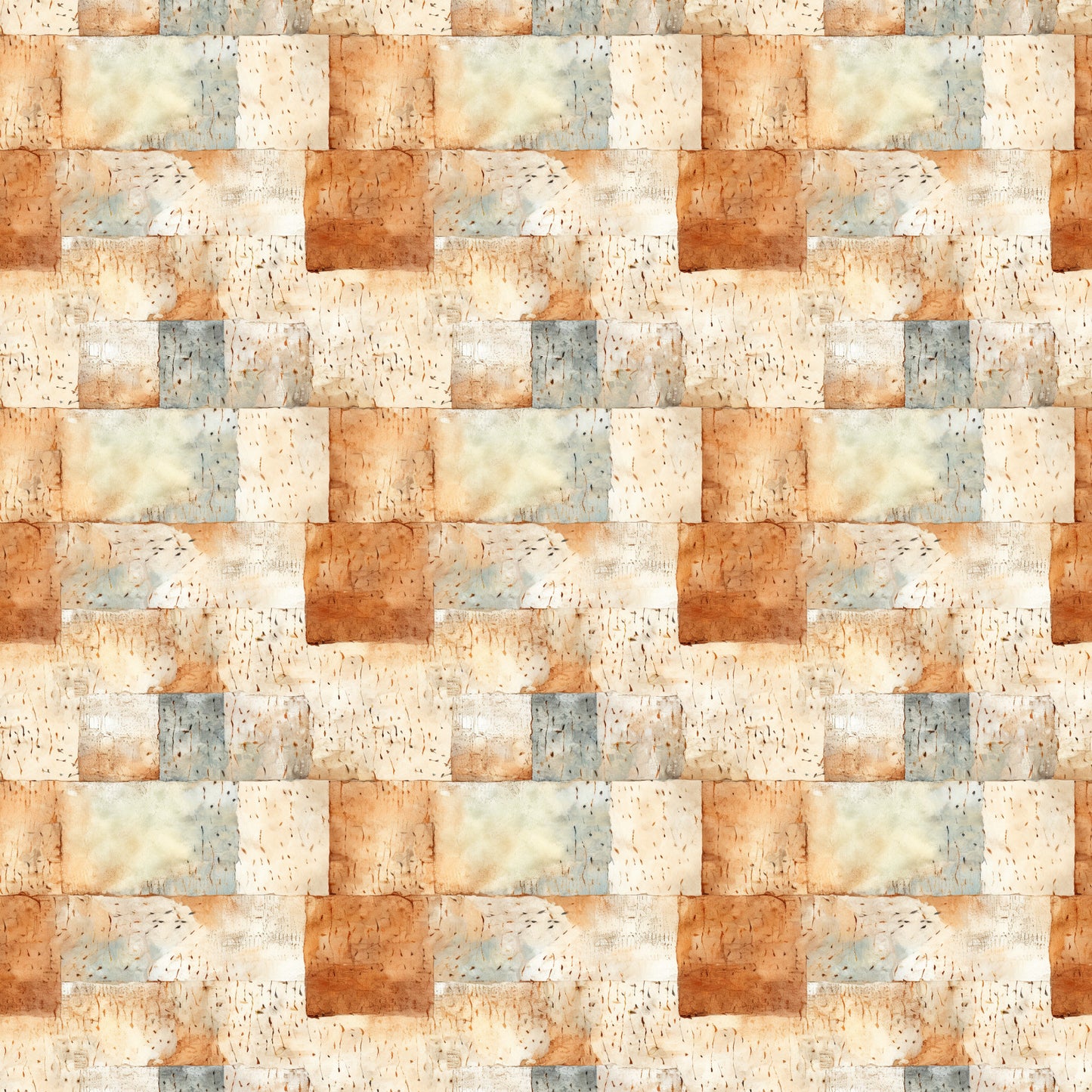 shabby chic, rustic, weathered texture, cream, beige, terracotta, sage green, dusty blue, burnt orange, patchwork blocks, distressed finish, vintage style, aged appearance, quilting cotton, fabric panel, neutral tones, earthy palette, cottage core, farmhouse aesthetic, textured squares