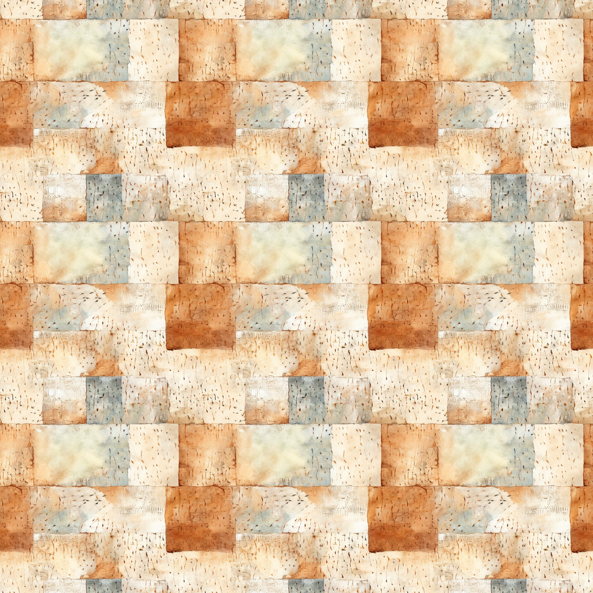 shabby chic, rustic, weathered texture, cream, beige, terracotta, sage green, dusty blue, burnt orange, patchwork blocks, distressed finish, vintage style, aged appearance, quilting cotton, fabric panel, neutral tones, earthy palette, cottage core, farmhouse aesthetic, textured squares