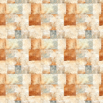 shabby chic, rustic, weathered texture, cream, beige, terracotta, sage green, dusty blue, burnt orange, patchwork blocks, distressed finish, vintage style, aged appearance, quilting cotton, fabric panel, neutral tones, earthy palette, cottage core, farmhouse aesthetic, textured squares