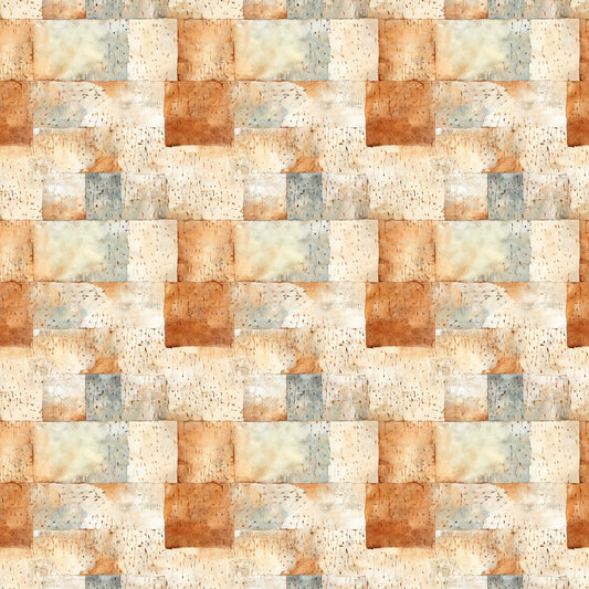 shabby chic, rustic, weathered texture, cream, beige, terracotta, sage green, dusty blue, burnt orange, patchwork blocks, distressed finish, vintage style, aged appearance, quilting cotton, fabric panel, neutral tones, earthy palette, cottage core, farmhouse aesthetic, textured squares