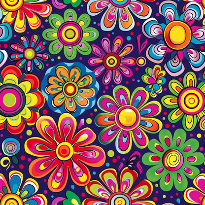 rainbow colors, hippie flowers, psychedelic pattern, bright pink, electric blue, lime green, orange petals, yellow centers, groovy design, retro style, flower power, vibrant floral, quilting cotton, fabric panel, 1960s inspired, bohemian motif, colorful blooms, mod flowers, peace era, tie-dye aesthetic