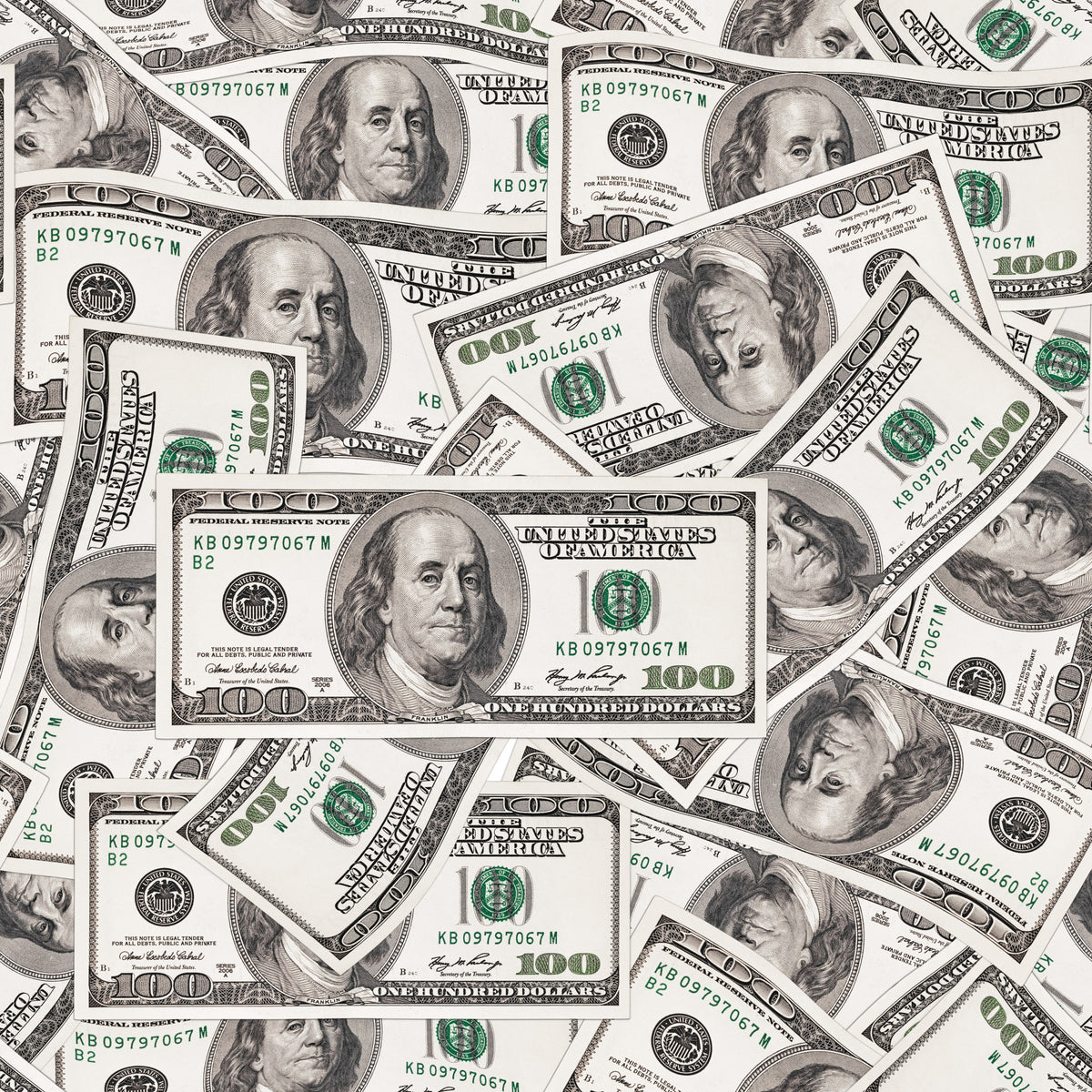 green, beige, cream, white, money pattern, currency design, benjamin franklin, dollar bills, realistic print, cash motif, financial theme, quilting cotton, fabric panel, cotton material, overlapping bills, detailed printing, american currency, paper money, scattered arrangement, novelty fabric
