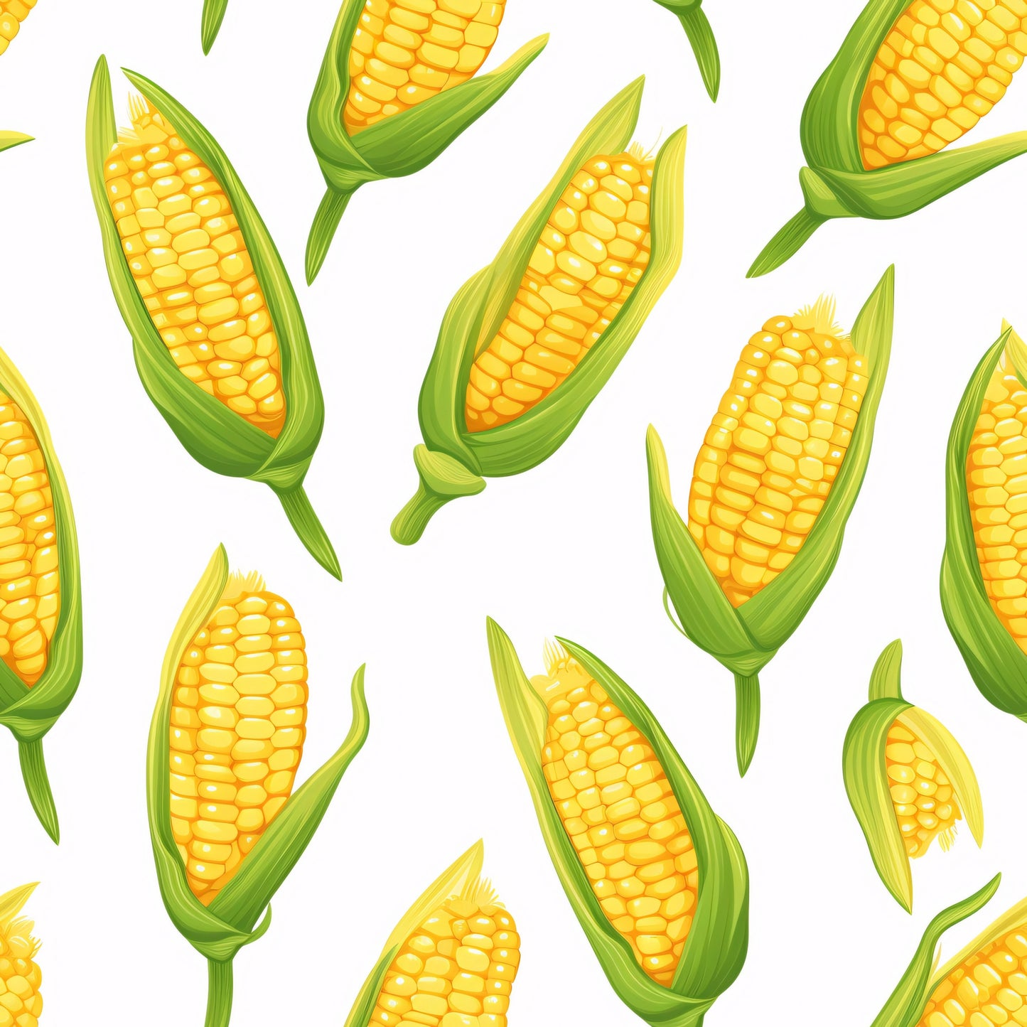 sweet corn, yellow kernels, green husks, corn cobs, vegetable pattern, seamless repeat, bright yellow, lime green, food illustration, harvest theme, farm fresh, quilting cotton, fabric panel, corn stalks, agricultural motif, summer produce, realistic style, kitchen theme, garden vegetables, cooking motif