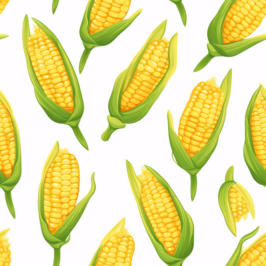sweet corn, yellow kernels, green husks, corn cobs, vegetable pattern, seamless repeat, bright yellow, lime green, food illustration, harvest theme, farm fresh, quilting cotton, fabric panel, corn stalks, agricultural motif, summer produce, realistic style, kitchen theme, garden vegetables, cooking motif