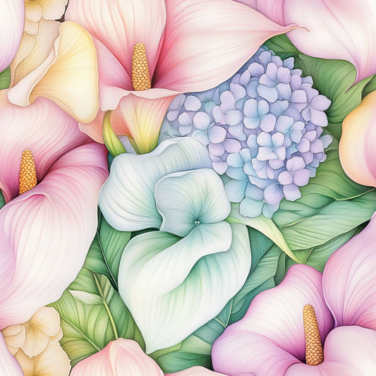 pastel pink, soft purple, pale yellow, mint green, lavender blue, calla lilies, hydrangeas, tropical flowers, botanical design, floral pattern, watercolor style, delicate petals, quilting cotton, fabric panel, spring blooms, feminine florals, garden flowers, soft pastels, nature motifs, blooming arrangement