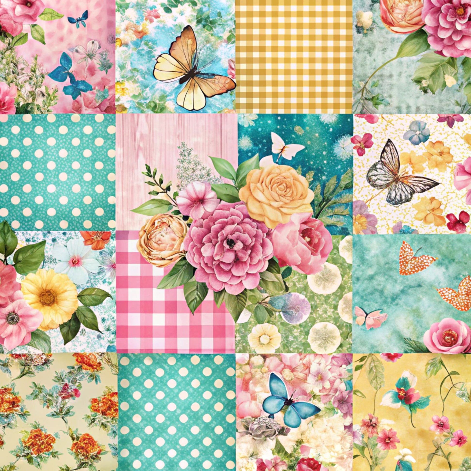 spring patchwork, quilting cotton, fabric panel, floral motifs, butterflies, polka dots, gingham check, pink roses, teal blue, coral pink, yellow accents, green leaves, cottage core, feminine design, mixed patterns, botanical elements, pastel colors, craft fabric, sewing material, square blocks