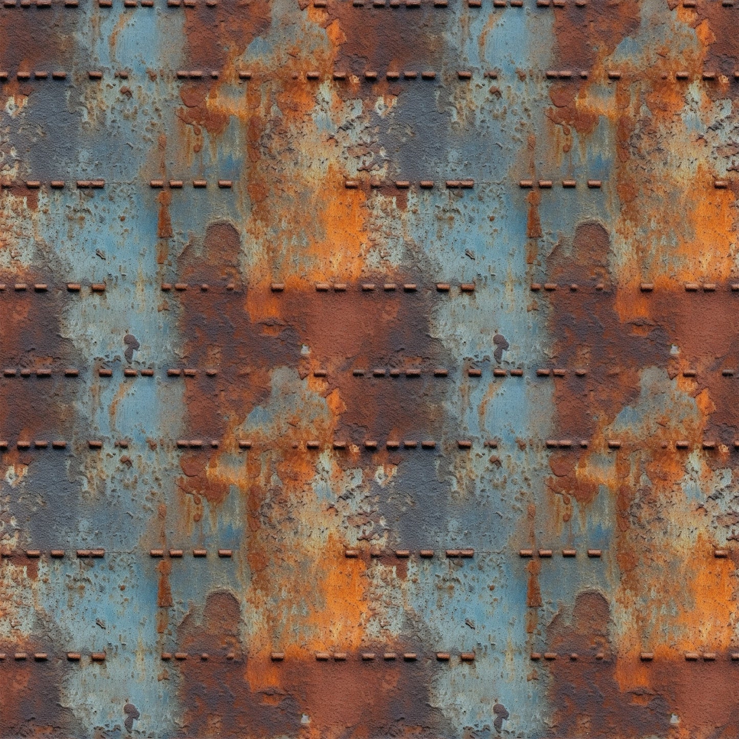rust orange, steel blue, weathered metal, industrial texture, oxidized surface, riveted panels, distressed finish, grunge pattern, metallic patina, corroded steel, vintage machinery, aged iron, quilting cotton, fabric panel, steampunk aesthetic, urban decay, textural design, copper accents, blue-gray tones