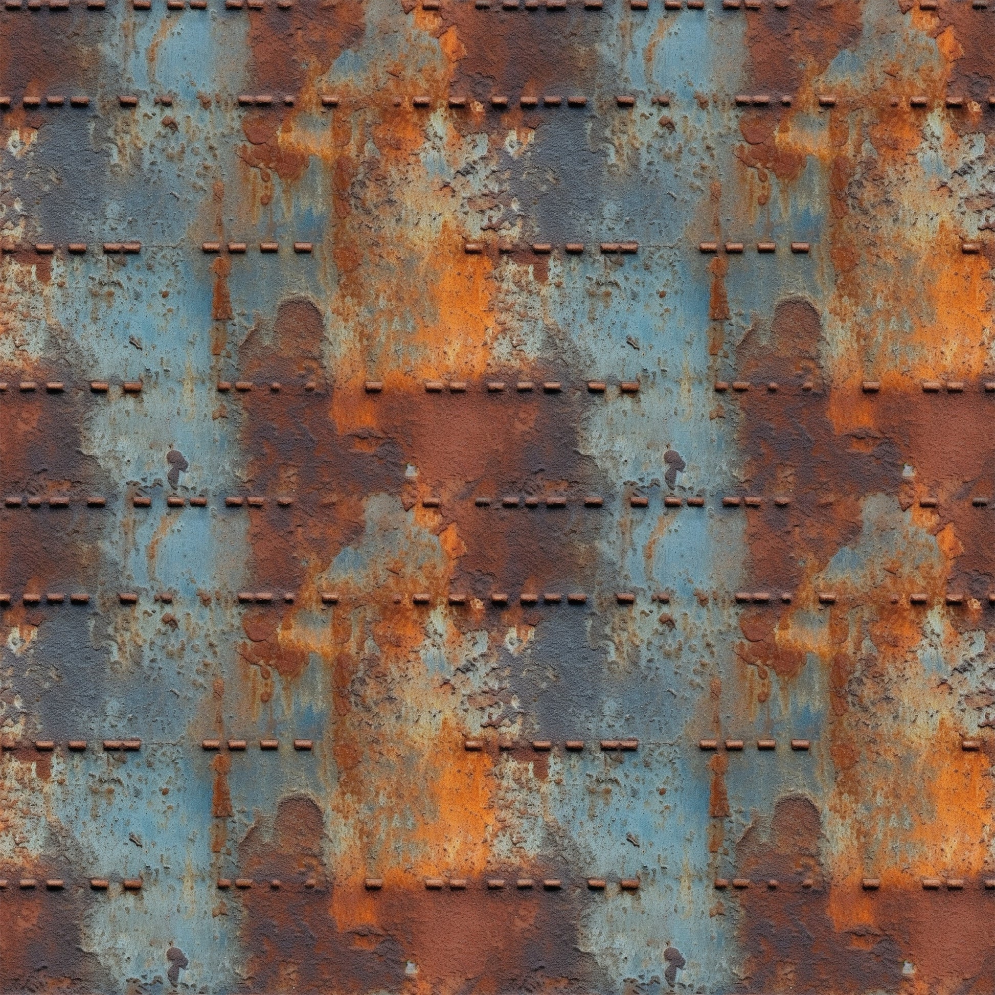 rust orange, steel blue, weathered metal, industrial texture, oxidized surface, riveted panels, distressed finish, grunge pattern, metallic patina, corroded steel, vintage machinery, aged iron, quilting cotton, fabric panel, steampunk aesthetic, urban decay, textural design, copper accents, blue-gray tones