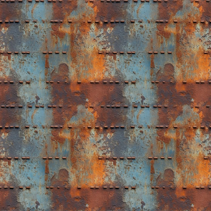 rust orange, steel blue, weathered metal, industrial texture, oxidized surface, riveted panels, distressed finish, grunge pattern, metallic patina, corroded steel, vintage machinery, aged iron, quilting cotton, fabric panel, steampunk aesthetic, urban decay, textural design, copper accents, blue-gray tones